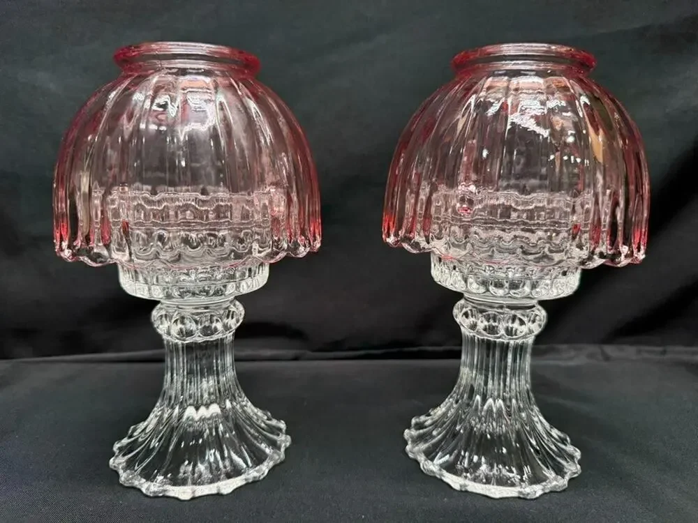Pair of L.E. Smith Vintage Pink Fairy Lamps Clear Glass Pedestal Candle Holders